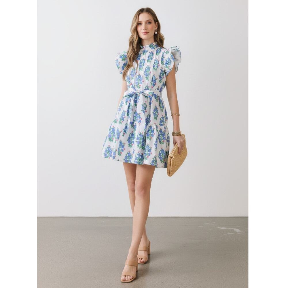 TCEC Blue Floral Mini Dress Ruffle Neck Pleated Tiered Belted NWT Sz L